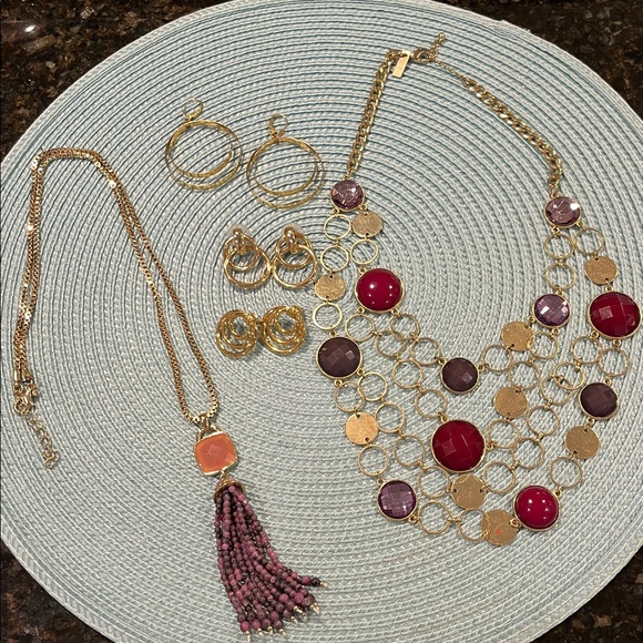 multiple Jewelry - Purple Goldtone Statement Necklaces with Circle Earrings- 5 pieces